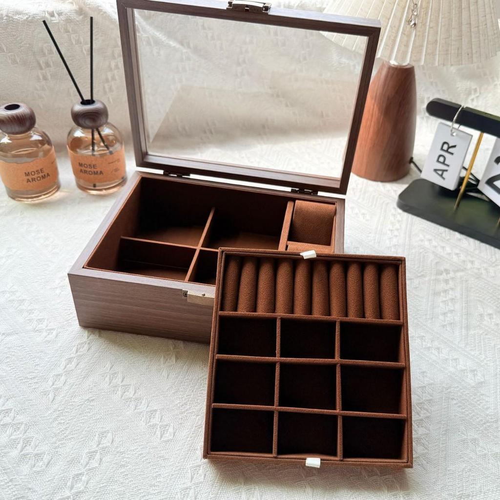 Multi-Position Open Window Watch and Jewelry Display Box with Walnut Wood Grain