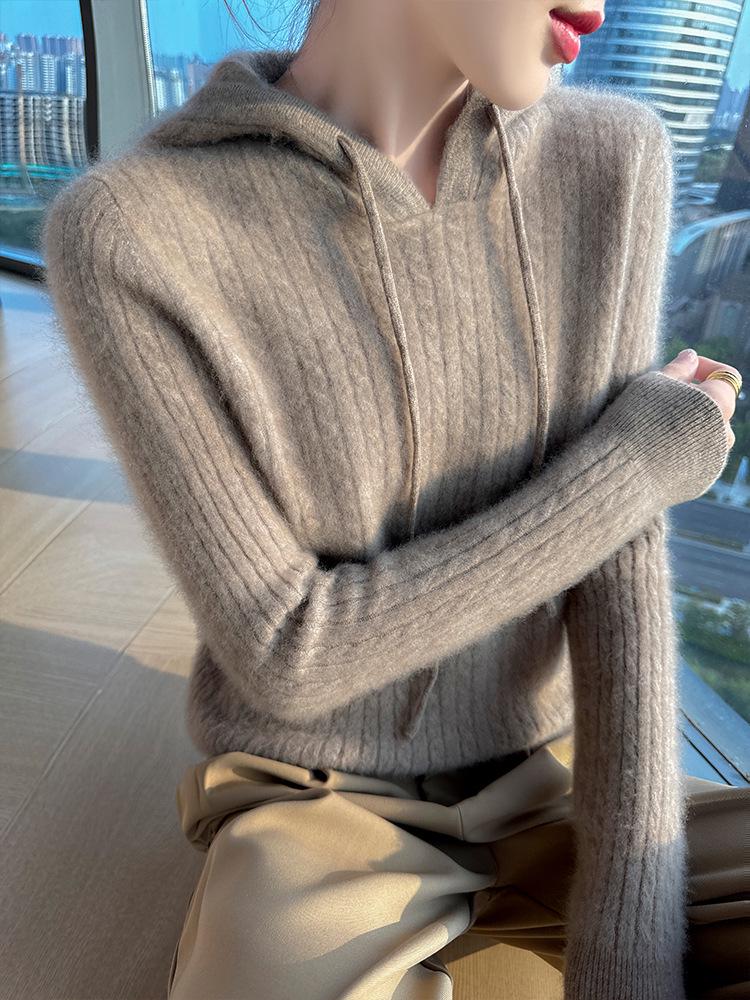 Damen Oversize Zopfstrick-Wollpullover mit Kapuze und Kordelzug: Herbst/Winter Pullover im literarischen Stil