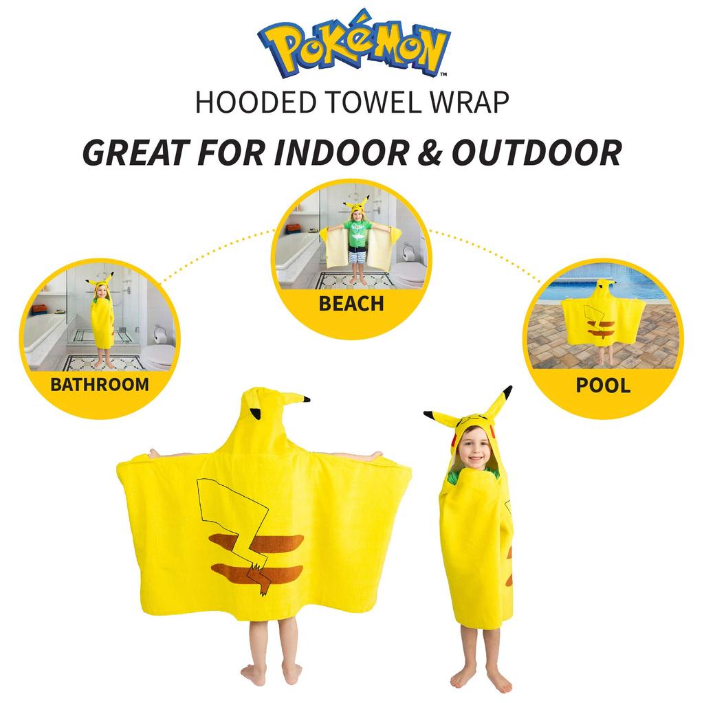 Franco Kids Bath and Beach Soft Cotton Terry Hooded Towel Wrap, 24" x 50", Pokemon Pikachu