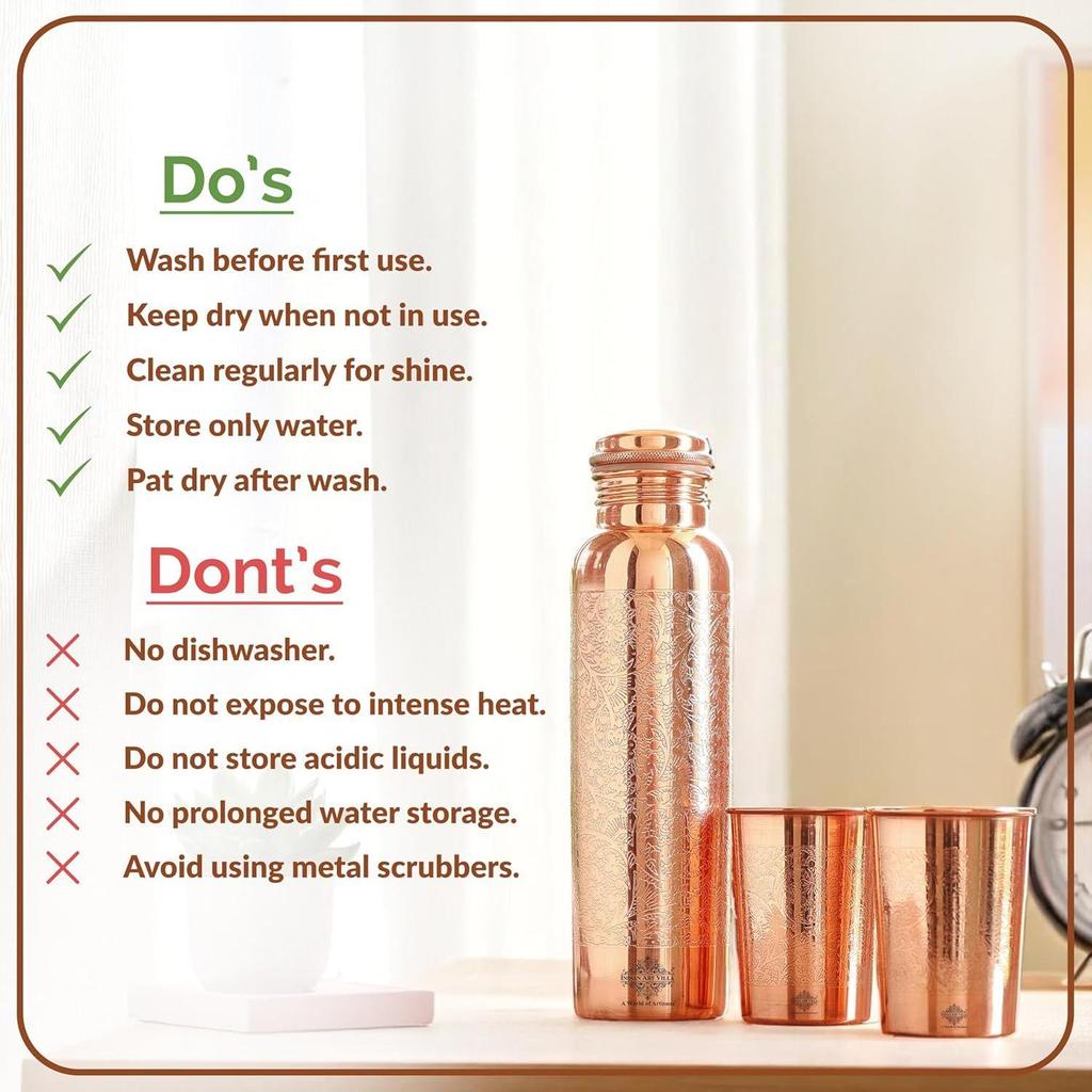 Pure Copper Drinkware Gift Set – Embossed Design with 1 Bottle (900 ML) & 2 Glasses (300 ML) In a Blue Box – Gifting Item