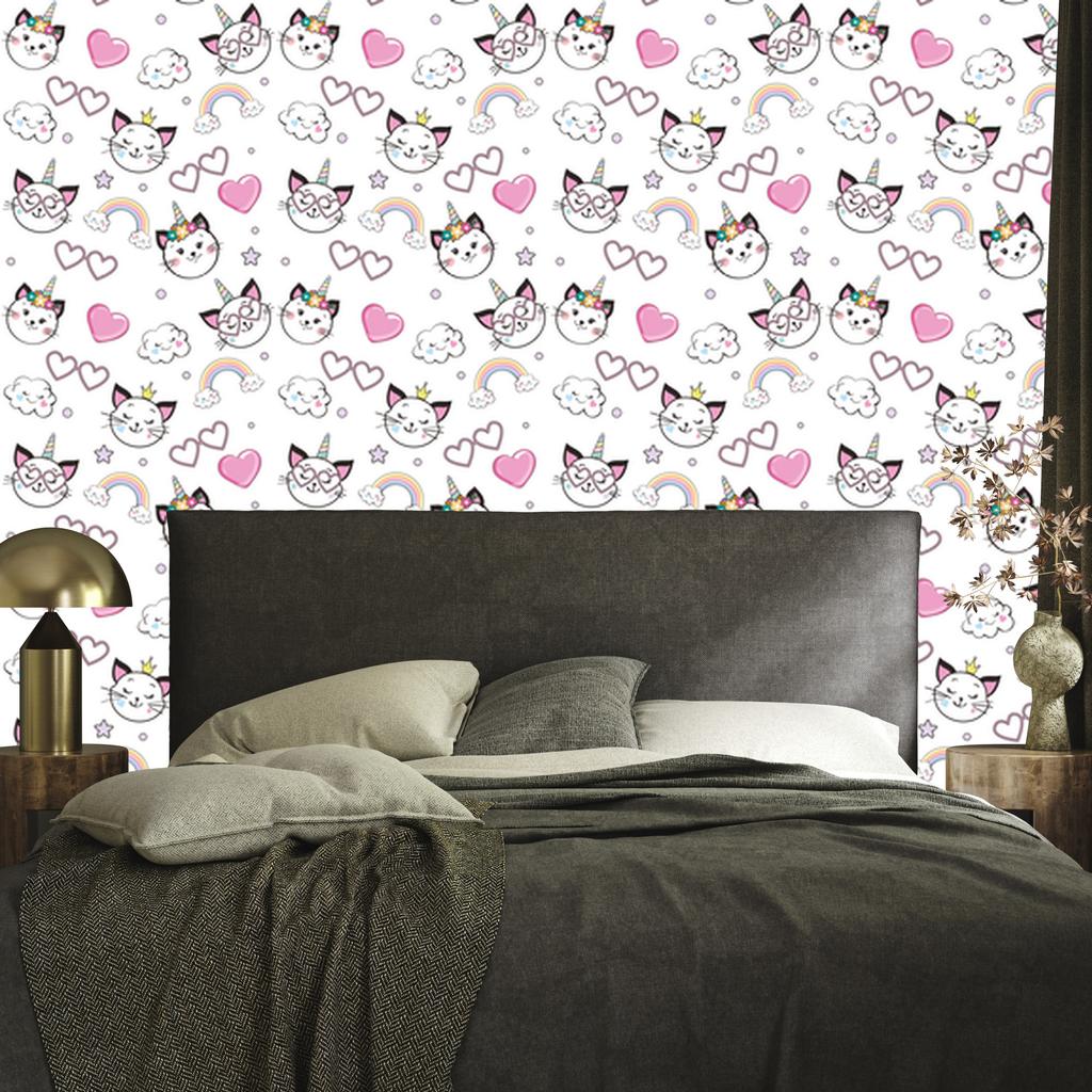 Wallpaper Little Kittens, Hearts and Stars for Living Room and Bedroom 50x1000