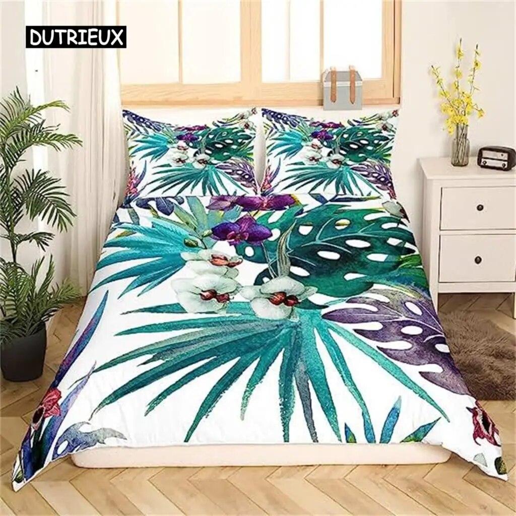 Palm Leaves Duvet Cover Banana Leaves Duvet Cover Hawaiian Tropical Leaves Bedding Set Green Leaves Branches Quilt Cover Women  Three-piece Set