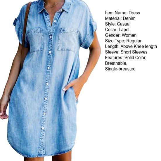 Ladies Dress Button Pocket Short Sleeve Lapel Solid Color Daily Wear Single-breasted Side