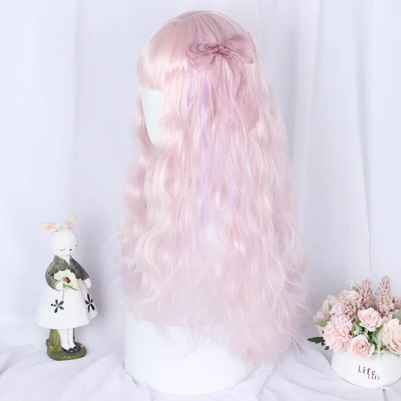 Perruque synthétique rose bouclée longue avec frange, cheveux naturels pour femmes, perruques de Cosplay mignonnes Lolita résistantes à la chaleur