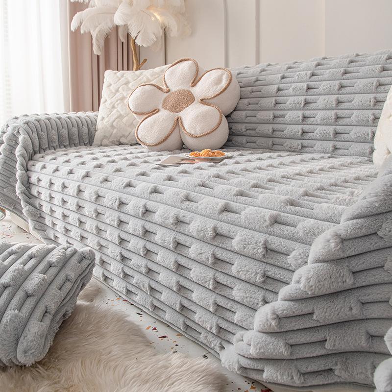 Zimní Králičí Plyšový Přehoz na Pohovku Celoplošný Látkový Zesílený Jednoduchý a Lehký Luxus Protiskluzové Sedáky