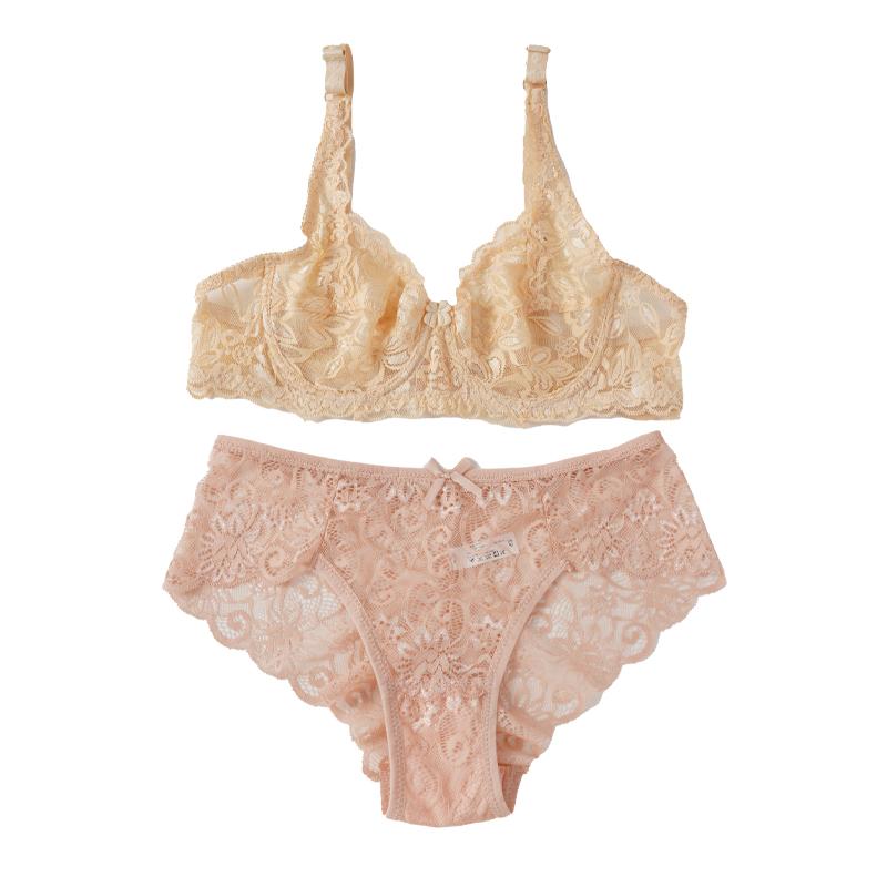 Women's Hollow Non-Padded Underwire Bra Sets 2PCS Sexy Ultra-Thin Lace Push Up Bra Panty Set for Women
