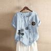 Women Buttons  Short Sleeve Floral Print Buttons Cotton Linen Vintage Top