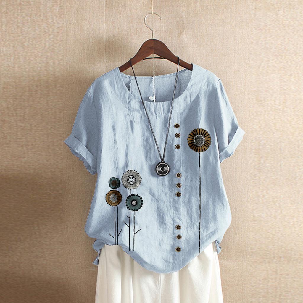 Women Buttons  Short Sleeve Floral Print Buttons Cotton Linen Vintage Top