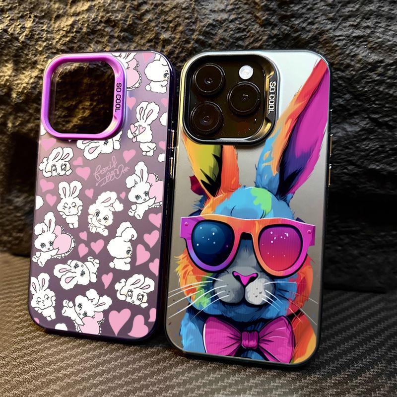 Cute Colorful Rabbit Electroplate Silver IMD Case For iPhone 15 14 16 Pro Max 11 12 13 Pro 7 8 Plus 16E X Shockproof Back Cover