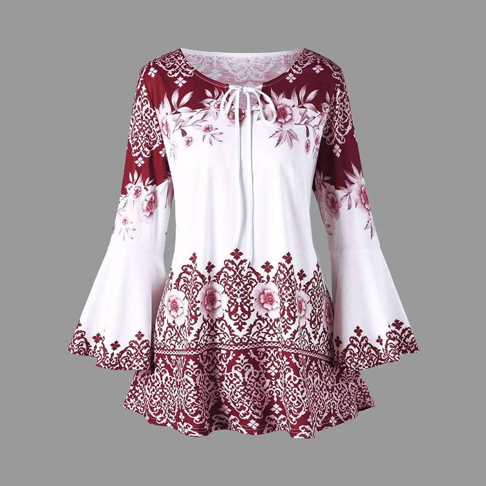 Plus Size Printed Round Neck Long Sleeve Blouse