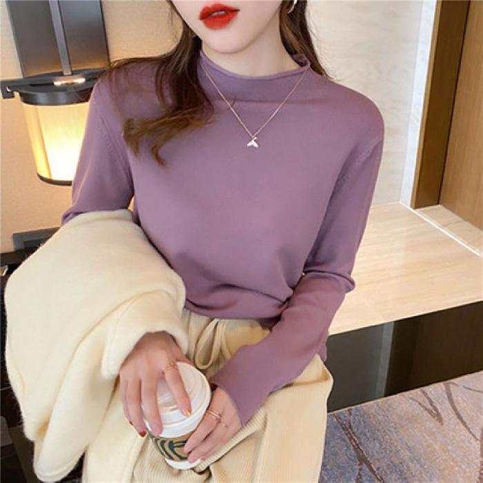 Spring 2025 Women's Knit High Neck Slimming Long Sleeve T-Shirt