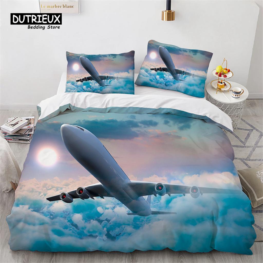 Pojkar Flygplan Påslakan King Queen Polyester Flyg Flygplan Landningsbana Sängklädesset Himmel Sceneri Överkastskydd Med Örngott