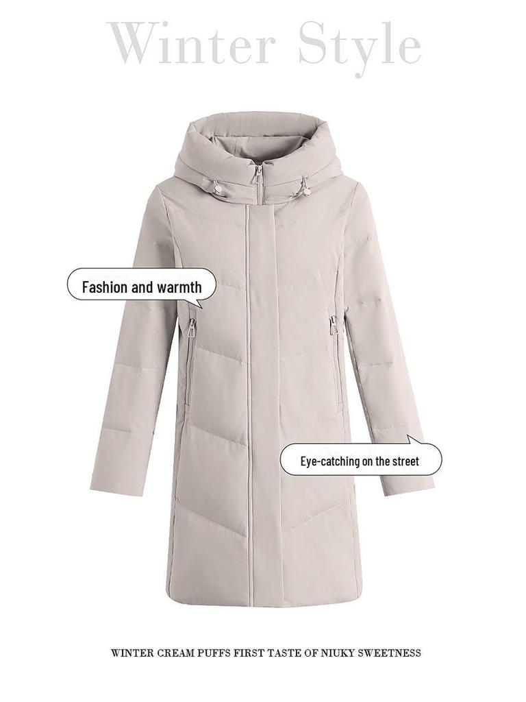 Luxury Women's Mid-Length Hooded Down Jacket - Premium White Duck Down