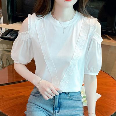 Moda manga curta verão blusa branca feminina ombro de fora manga bufante ajuste fino chiffon camisa feminina renda sólida patchwork mulheres tops 24450
