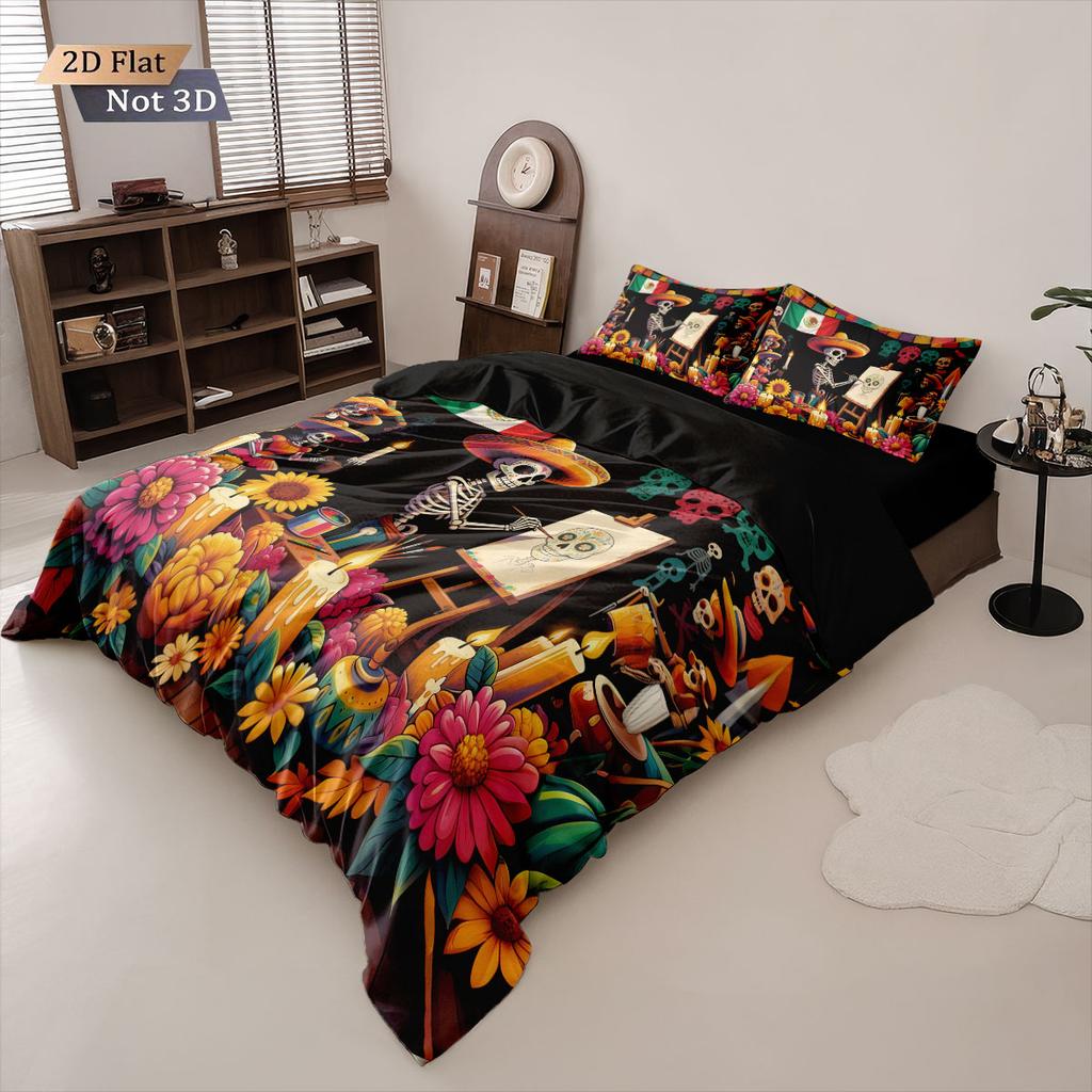 3 st The Day of the Dead Skelett Blommigt Tryckt Quiltset, Flera Storlekar Sovrum Sovsal Sängkläder Dekoration, Maskintvätt