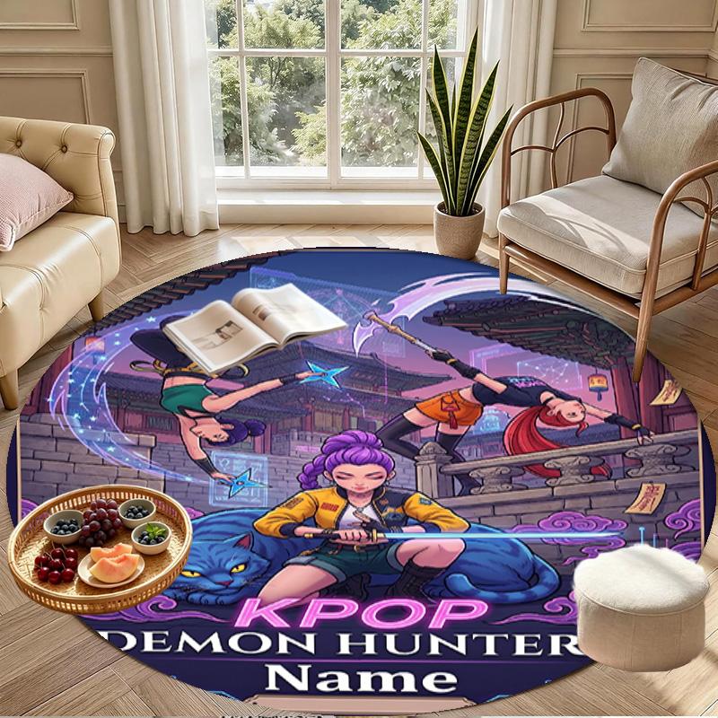 Custom Name Personalized Kpop Demon Hunter Print Round Rug, Versatile Home Decor Carpet, for Playroom, Apartment, Balcony, Entryway, Hallway Gift