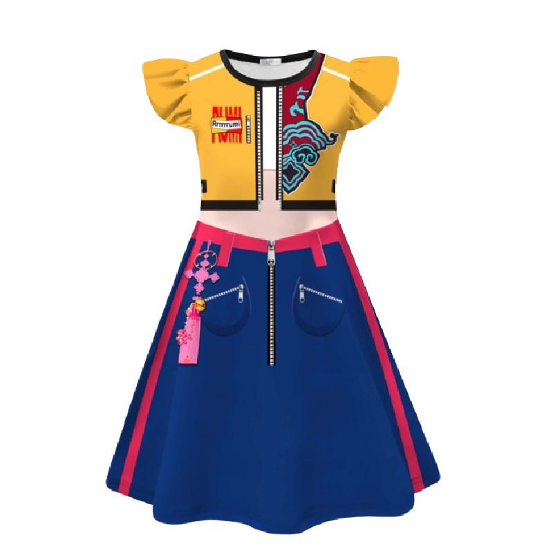 Kpop Demon Hunters Rumi Mira Zoey Childrens Costume Dress With Print Fabric And Flared Sleeves For Spring And Fall Wear