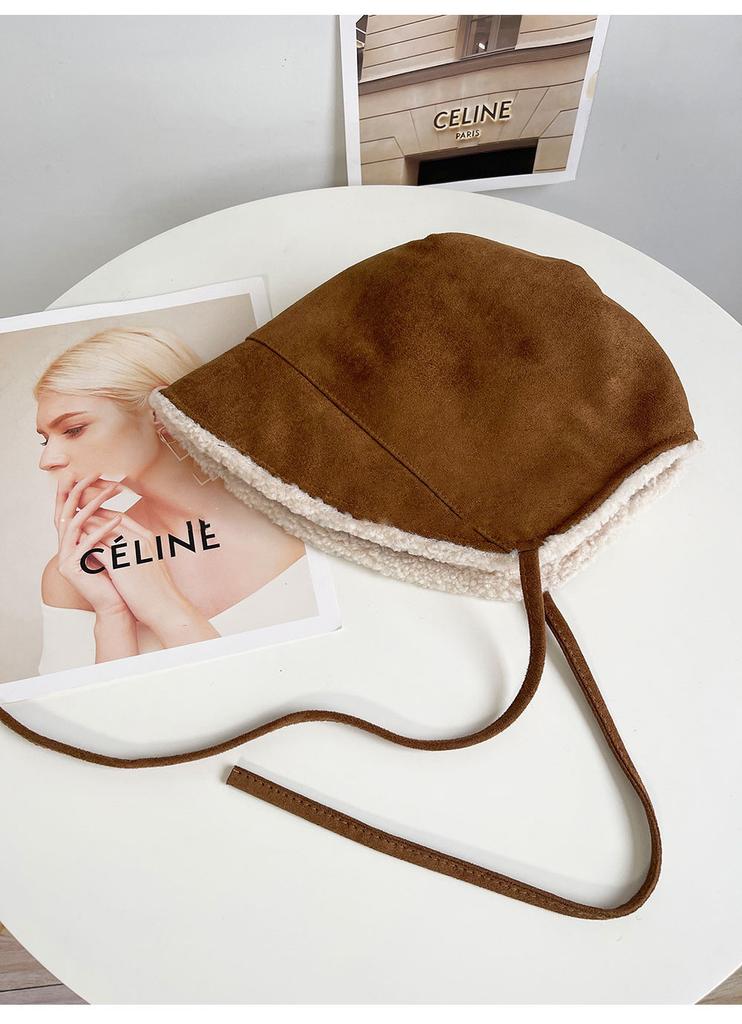 Winter Faux Suede Bucket Hat With Ear Flap For Women Warm Fashion Accessory