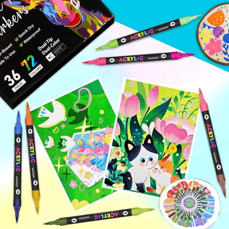 SHEFEITE® 72 Colors Acrylic Markers Set, Dual Tip, Waterproof & Quick Dry, 17×14.8cm, Multicolor, 36 Professional Pens