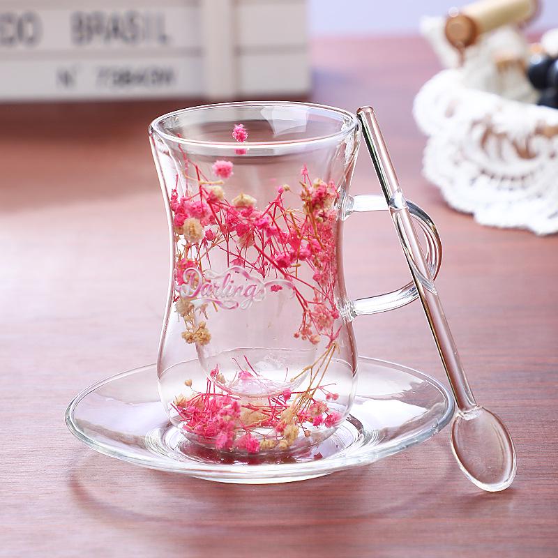 Dried Flower Body-Shaping Double-Walled Glass Cup with Handle and Heat Insulation for Coffee, Milk, or Juice