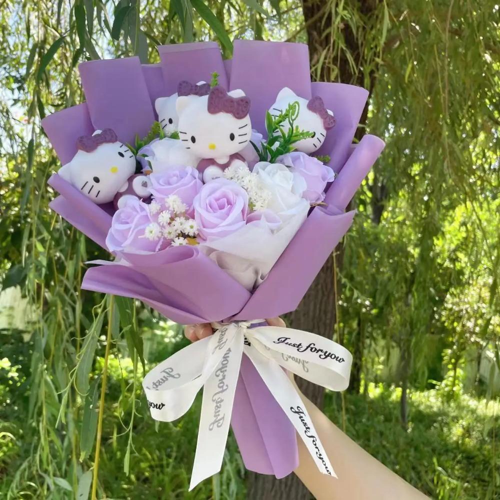 Bambole Gatto Kawaii Hello Kitty con Fiori Artificiali Bouquet Creativo Regali di Natale San Valentino Compleanno Laurea