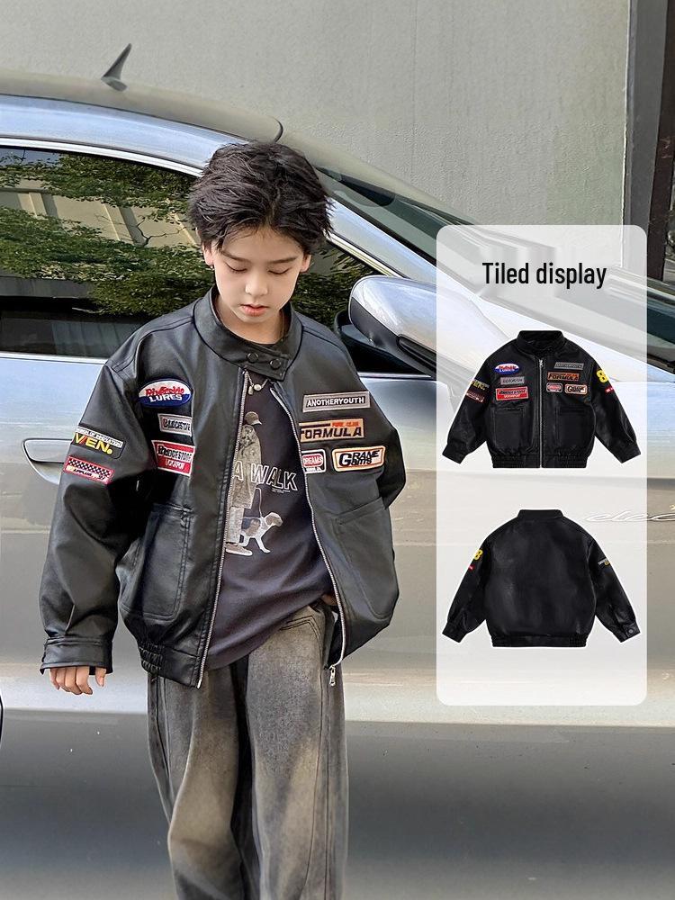 Herbst 2025 Trendige Jungen-Jacke aus besticktem PU-Leder - Retro-Stil-Unisex-Oberbekleidung