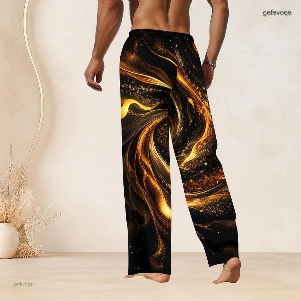 Men Plus Size Drawstring Waist Black Teal Gold Galaxy Print Straight Leg Long Pants