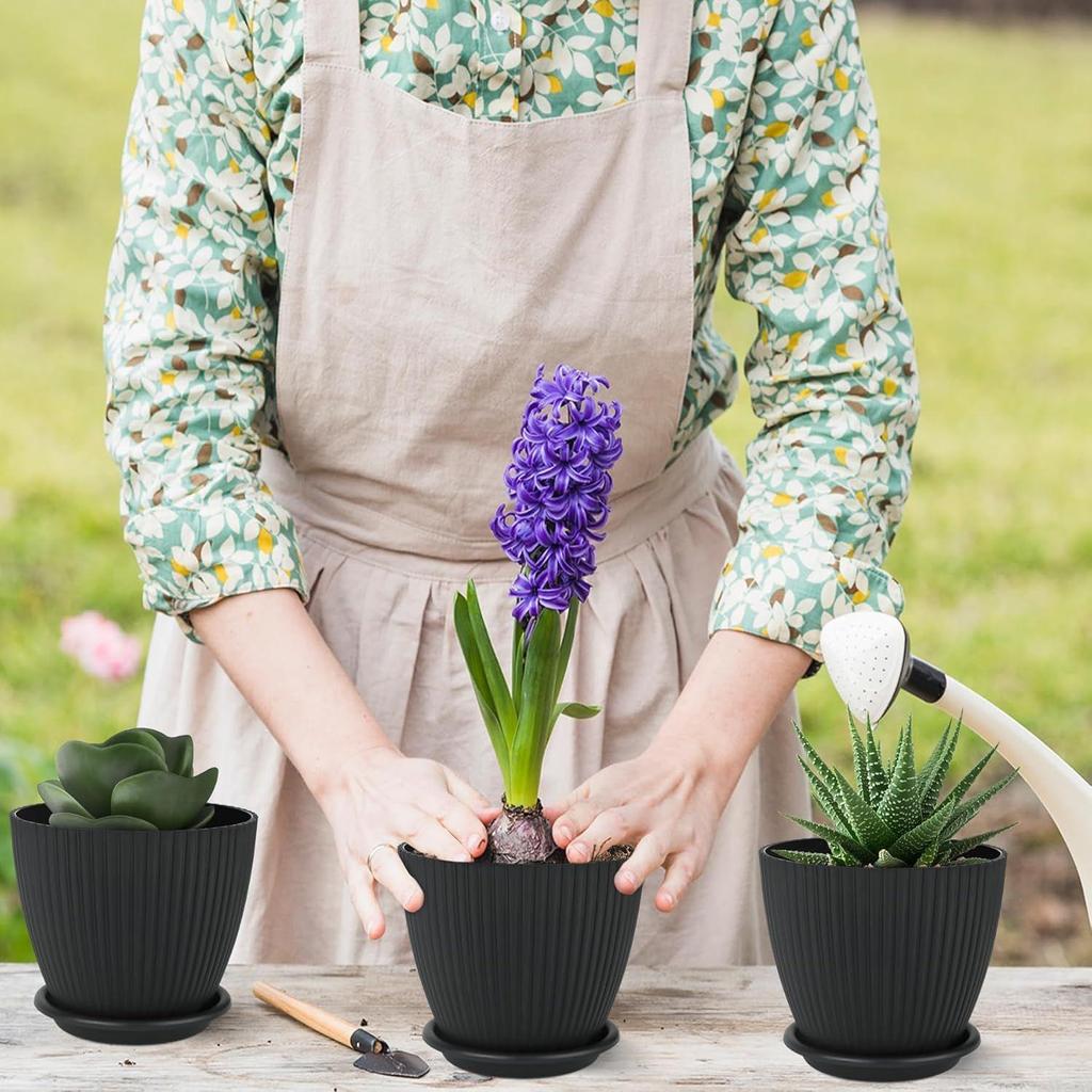 Runde Kunststoff-Blumentöpfe mit Untersetzer für Heim-Pflanzgefäße, Terrasse, Garten usw. | 5er-Pack | Schwarz | Größe 6,5 Zoll