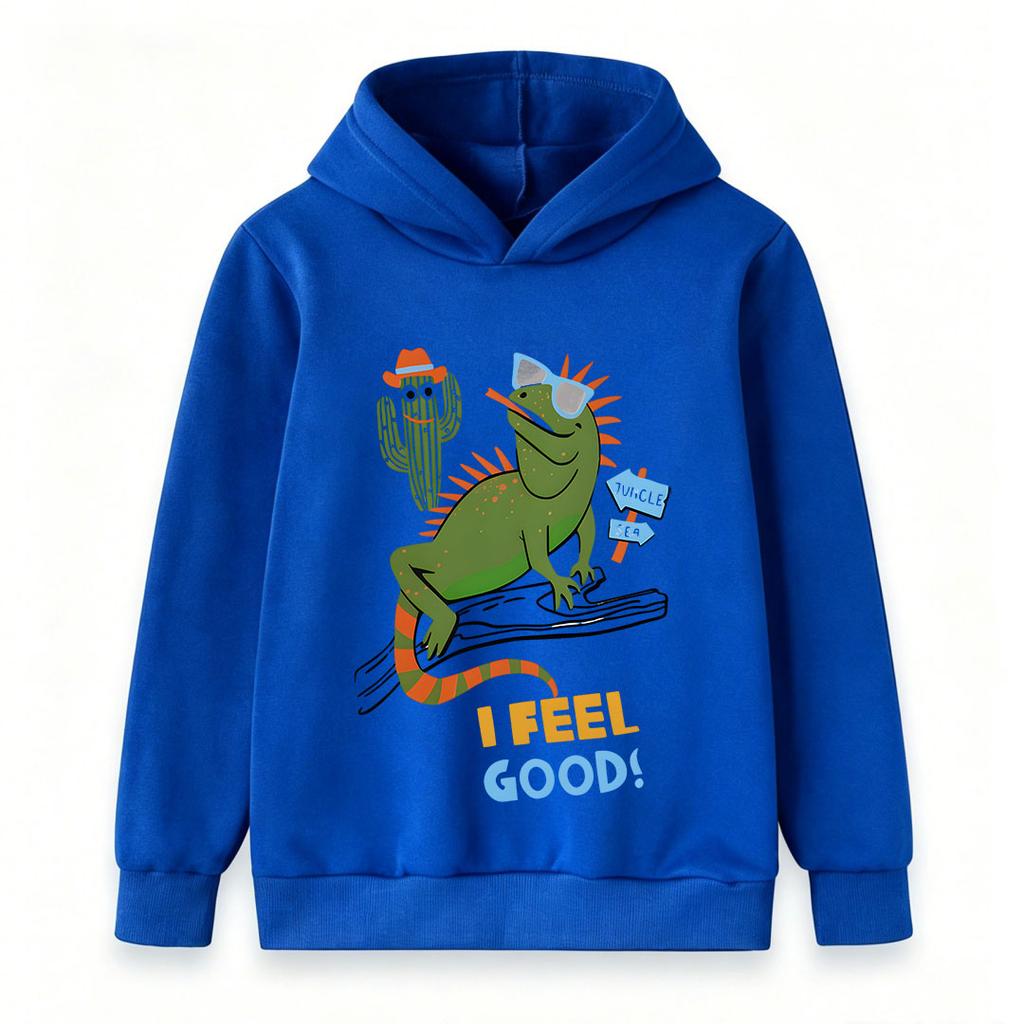 Kids Boys Girls Crew Neck Hoodie, Cool Lizard Cactus Print Casual Pullover Sweatshirt, I Feel Good Funny Graphic Long Sleeve Top for Children Daily We