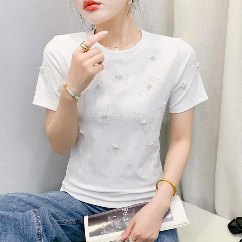 Summer New Fashion Women 100% Cotton Beading Butterfly Designer T-Shirts Short Sleeve Tees Casual Female Tops Shirts