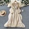 Commuter Blue Pleated Long-sleeved Dress for Women's Summer Waist and Thin Temperament Elegant A-word Temperament Long Dress