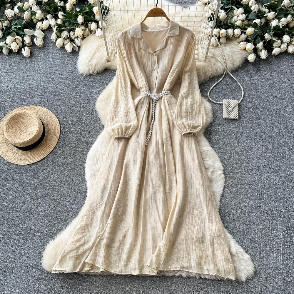 Commuter Blue Pleated Long-sleeved Dress for Women's Summer Waist and Thin Temperament Elegant A-word Temperament Long Dress