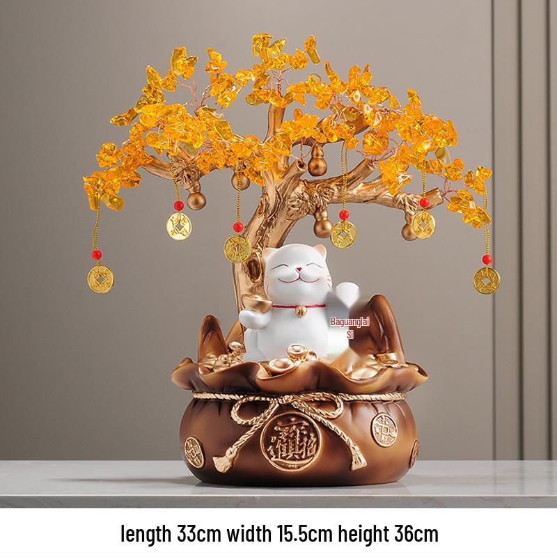 Fortune Cat Money Tree Figurine - Office, Shop, Reception & Housewarming Decoration