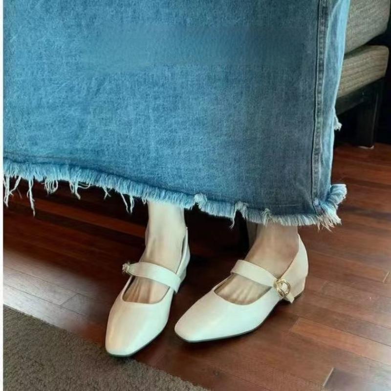 Fashion Women's Low Heel Shoes Spring New Square Head Shallow Mouth Metal Buckle Soft Sole Anti-slip Wear-resistant Low Top Shoes