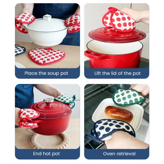 2-in-1 Anti-Scalding Gloves Double Layer Cotton Insulation Pads High Temperature Resistant Oven Mitts for Baking Kitchen