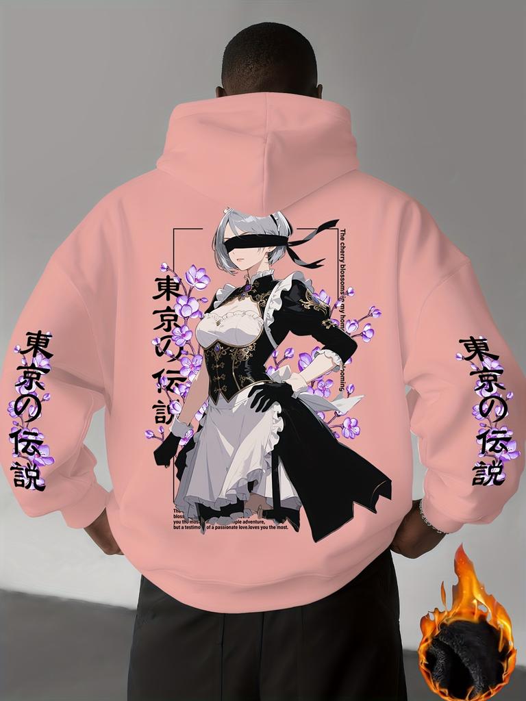 Men's Autumn/Winter Casual Sports Street Style Comic Fighting Maid Print Warm and Comfortable Hooded Sweatshirt
