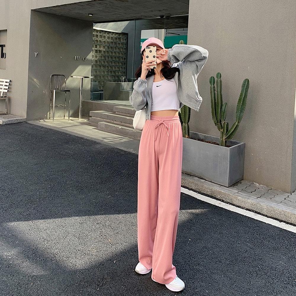 Summer Ladies Ice Silk Light Wide Leg Trousers Girl Solid Color High Waist Loose All-match Straight Casual Pants