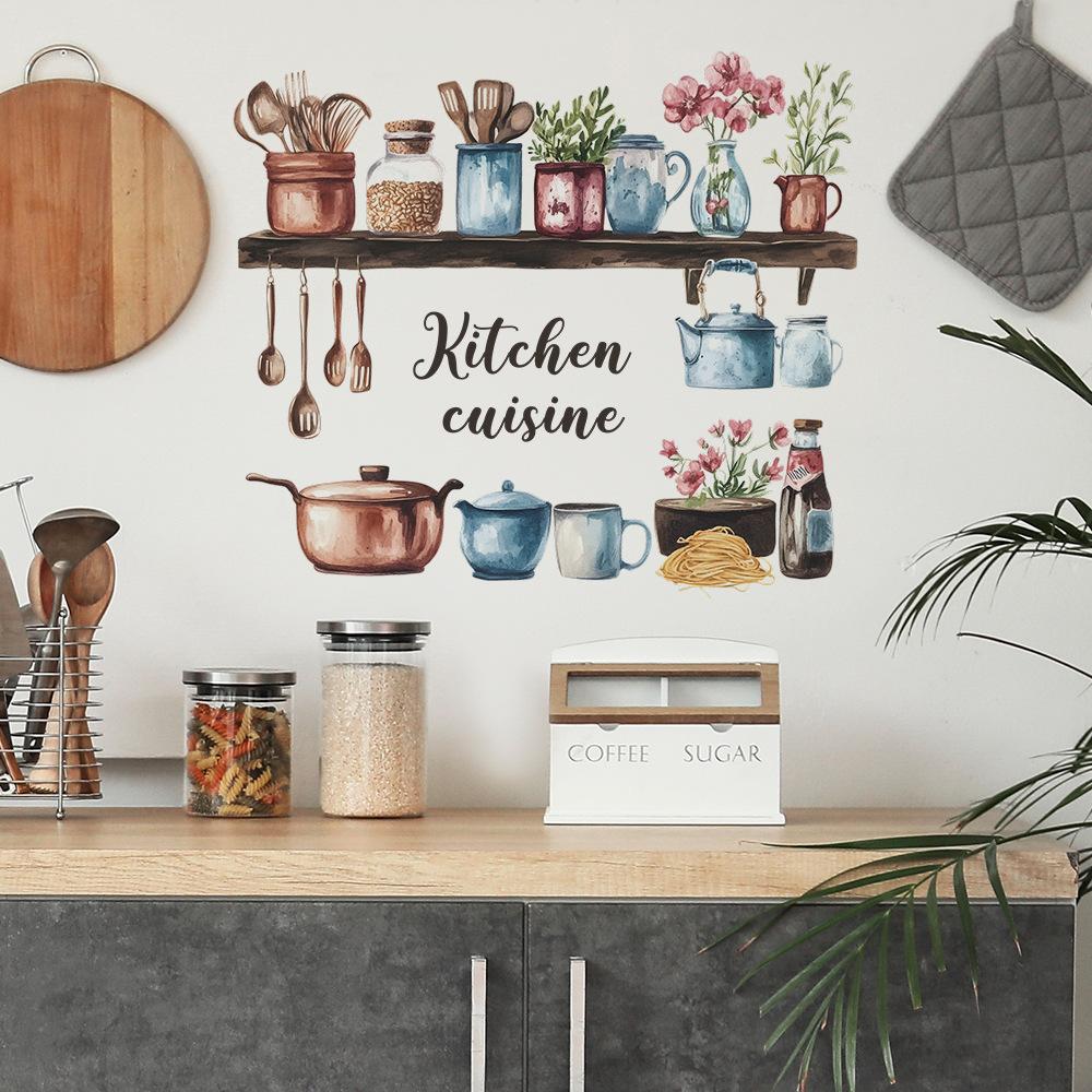 Watercolor Kitchen Utensils Spice Jars Wall Stickers for Kitchen Dining Room Home Background Decoration