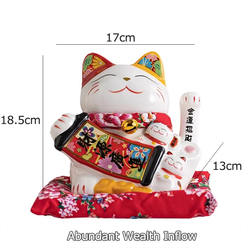 7 Inch Fortune Cat with Waving Arm Ceramic Lucky Cats Feng Shui Centerpiece Decor Ornament for Home Office Shop Decoration