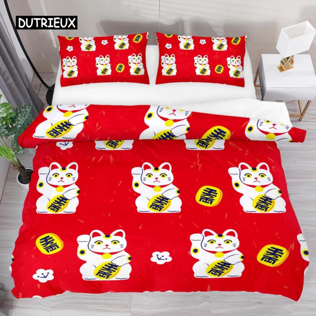Japanese Lucky Cat Duvet Cover Set Kawaii Cats Bedding Set for Kids Boys Girls Exotic Style Black White Kitten Comforter Cover