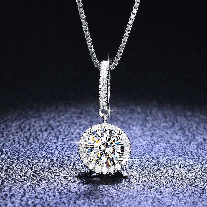 Silver Plated Round Brilliant CZ Halo Pendant Necklace, Diamond Simulant Box Chain Necklace for Women