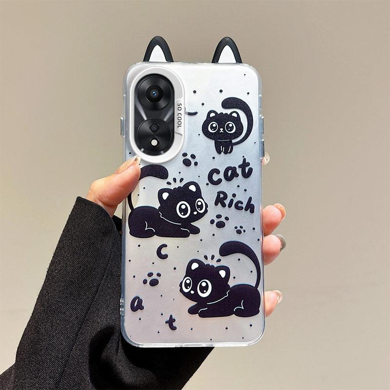 KEYSION Cute Ear Cartoon Case for OPPO A58 4G A38 A18 with Lanyard Soft Silicone+PC Shockproof Phone Back Cover for OPPO A17 A17K