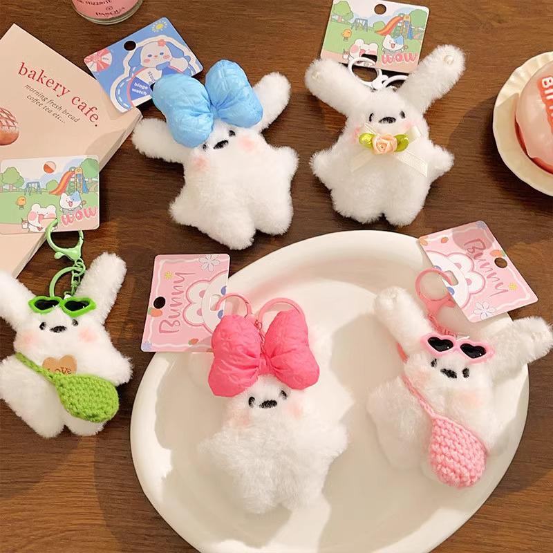 Rabbit Keyring Ornament Lovely Plush Animal Bowknot Keychain For Women Girls Versatile Bag Charm Pendant Birthday Gift