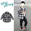 Boys' Plaid Long Sleeve Shirt Jacket, Spring & Autumn 2025, Korean Style, Trendy & Loose Fit for Big Kids.