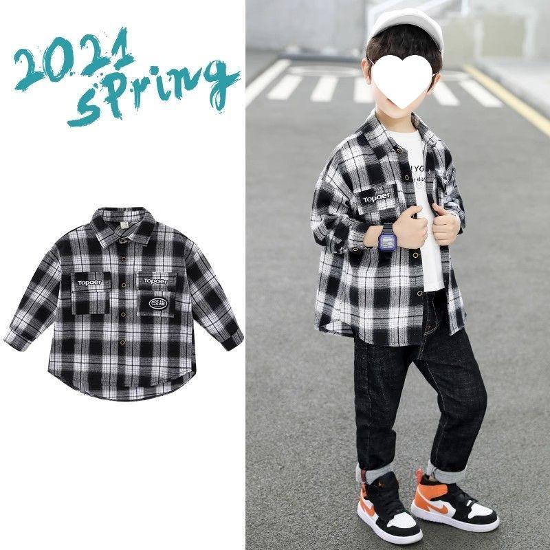Boys' Plaid Long Sleeve Shirt Jacket, Spring & Autumn 2025, Korean Style, Trendy & Loose Fit for Big Kids.