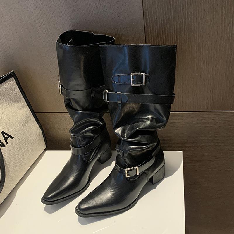 

Остроносые ковбойские сапоги-казаки женские 2025 новинка два способа носки ретро толстый каблук сапоги-рыцари 40