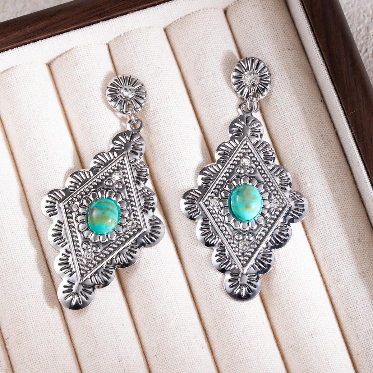 Silver Needle Turquoise Bohemian Rhombus Earrings - European and American Classical Carved Texture with Ethnic Style for Women