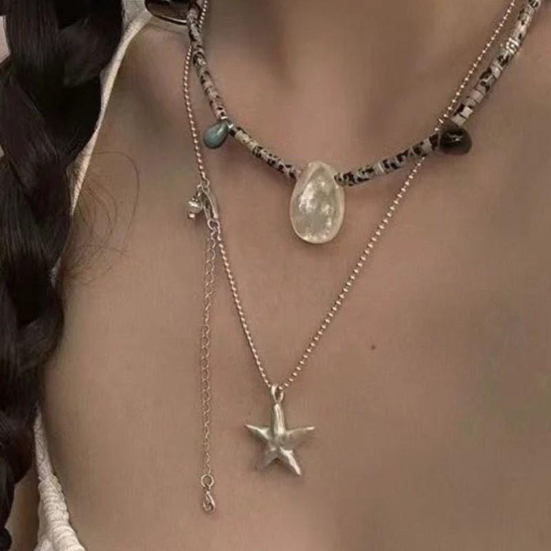 Simple Starfish Necklace for Women Inche Texture Pentagram Layered Collarbone Chain Necklaces Jewelry