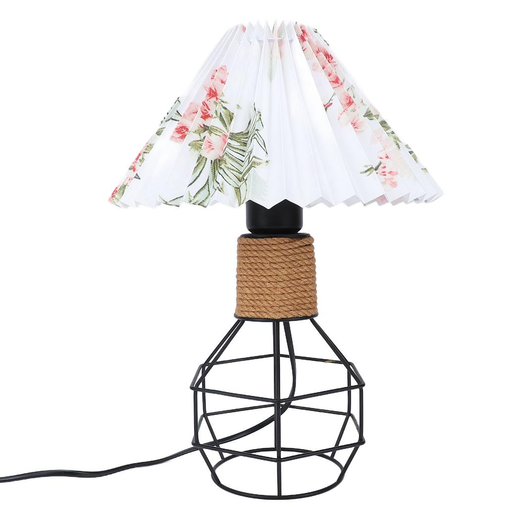 Pleated Lampshade Table Lamp Vintage Jute Rope Iron Geometric Bedside Lamp for Bedroom Living Room Office