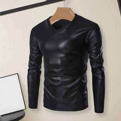 T-shirt da uomo a maniche lunghe con scollo a V slim fit, camicetta da uomo alla moda lucida abbronzante per feste, balli teatrali